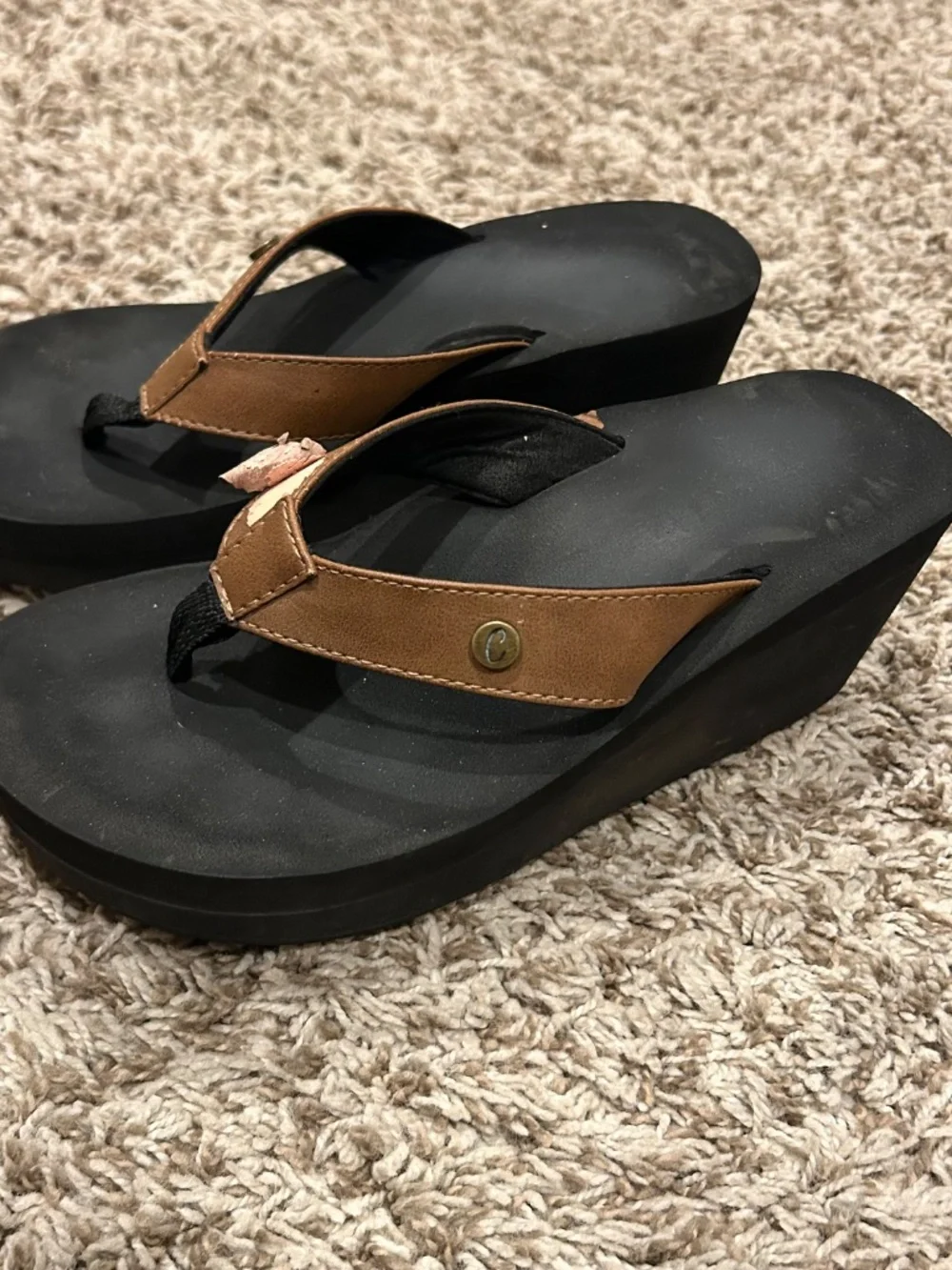 Vintage Y2K Black Platform Wedge Flip Flops Brown Straps Approx Size 7